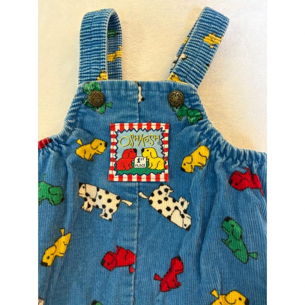 Vintage OshKosh Bgosh Kennel Klub Blue Corduroy Dog Print Footed Overalls 3-6M